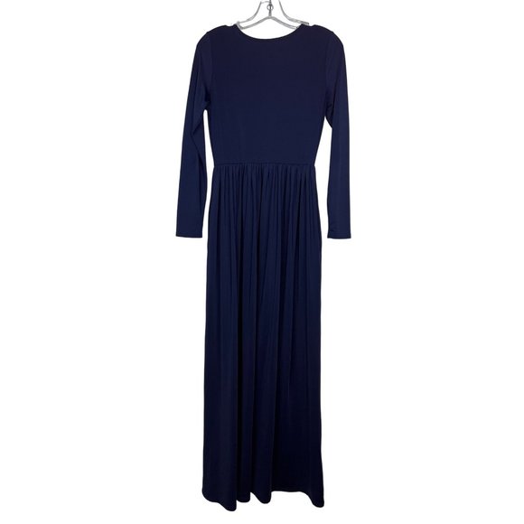 Vintage Navy Blue Full-Length Maxi Dress Long-Sleeve Round-Neckline Gathered-Wai - Picture 2 of 4
